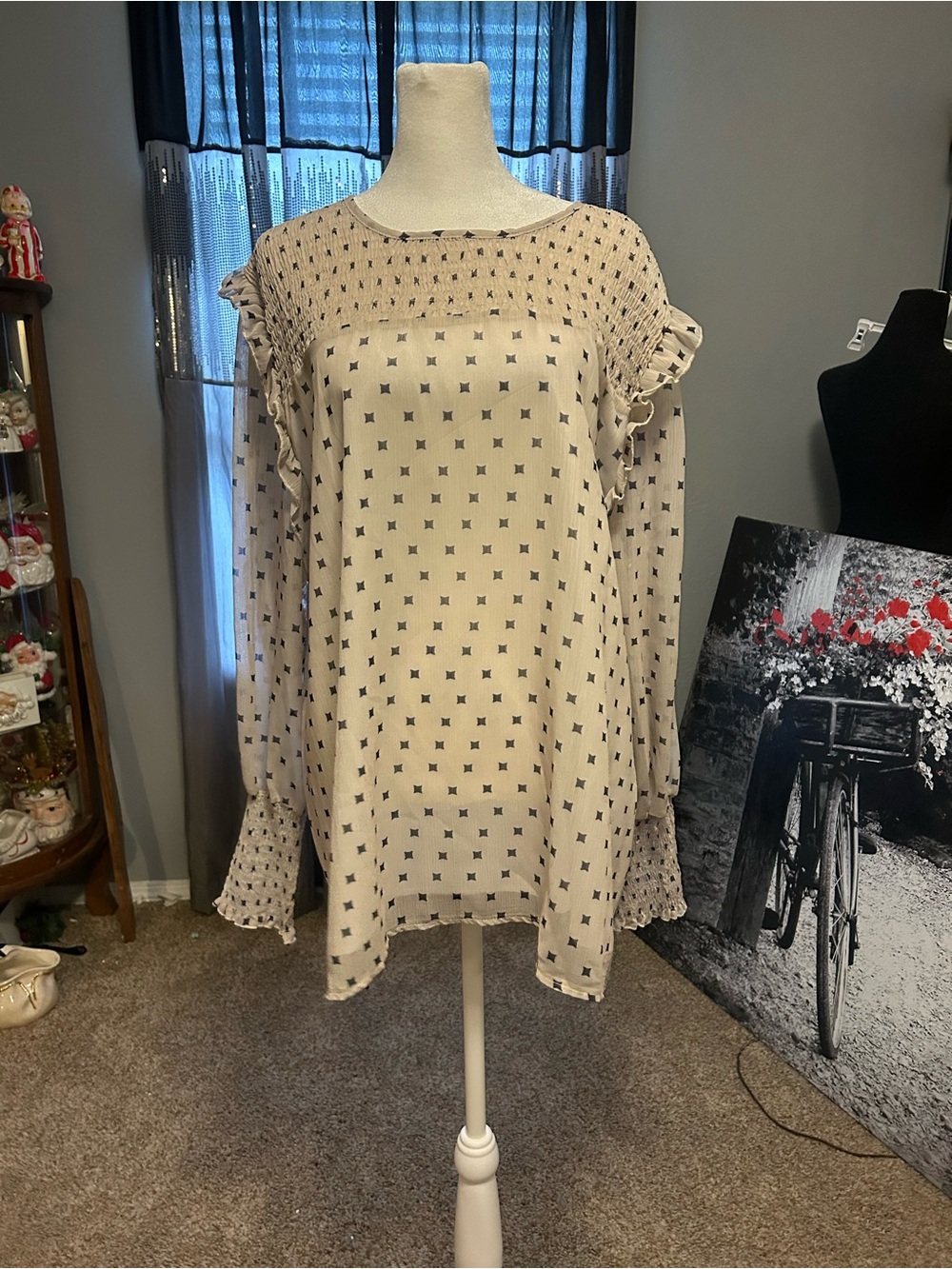 Ada Cream Long-Sleeve Smocked Tunic with Black Geometric Print